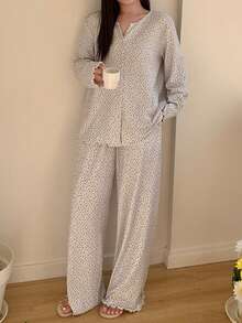 Dazy Plus Plus Size Women Ditsy Floral Long Sleeve Button-Up Top And Pants Pajama Set - Grey - View 4