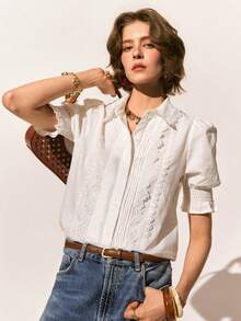 Poéselle 女士休闲白色蕾丝边棉质衬衫，可爱夏季上衣，外出上衣，优雅度假、海滩、夏季穿着，适合日常、办公和度假穿着，春夏棉质短袖衬衫 - 白色 - 查看 6