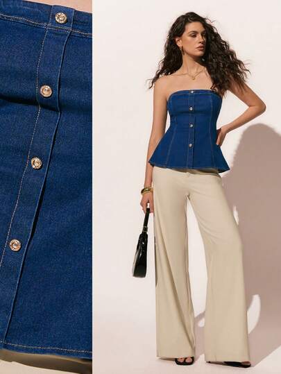 Poéselle Women's Denim Top, Fashionable And Casual Denim Strapless Top With A Fitted Waist And A-Line Silhouette, Dark Blue Denim Top. Summer Tops Spring Outfit Women Valentines Day Carnival Costumes Beach Outfits For Women  Vacation Outfits Women Casual Women Outfits