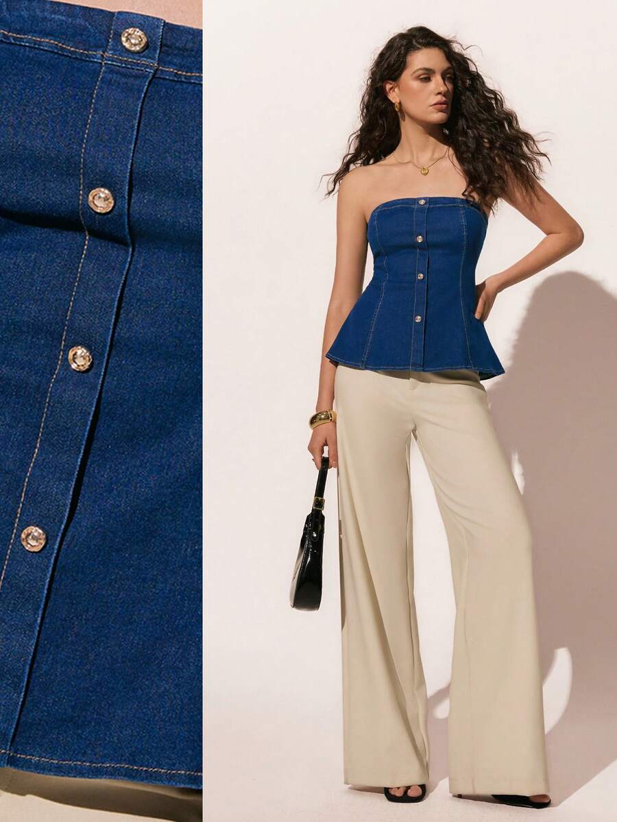 Poéselle Women's Denim Top, Fashionable And Casual Denim Strapless Top With A Fitted Waist And A-Line Silhouette, Dark Blue Denim Top. Summer Tops Spring Outfit Women Valentines Day Carnival Costumes Beach Outfits For Women  Vacation Outfits Women Casual Women Outfits - Dark Wash - View 1