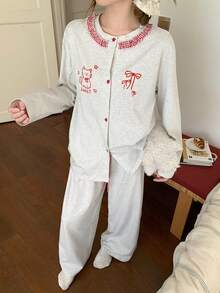 DAZY 2pcs Women Cat & Plaid Print Loose Cardigan Long Sleeve & Pants Pajama Set, Autumn - White - View 7