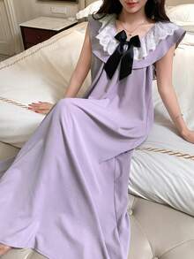 DAZY Romantic Contrast Color Bow Layered Ruffle Collar Sleeveless Long Women Nightgown - Purple - View 6
