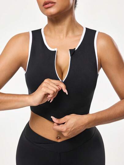 Seamluxe SHEIN Sport 1pc Women's Seamless High Stretch Contrast Trim Zipper Sleeveless Racerback Sports Tank Top, Suitable For Workout, Running, Tennis And Other Activities