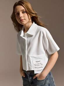 少女休闲校园风街头时尚露脐短袖衬衫，带大口袋 - 白色 - 查看 5