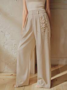 Anewsta Pantaloni da donna in tessuto jacquard, pantaloni eleganti da vacanza per signore con gamba dritta e decorazioni in perle - Albicocca - Visualizzare 6