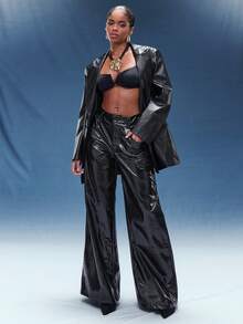 Normani 女士外出性感复古波西米亚风机车仿蜡皮低腰阔腿裤 - 黑色 - 查看 3