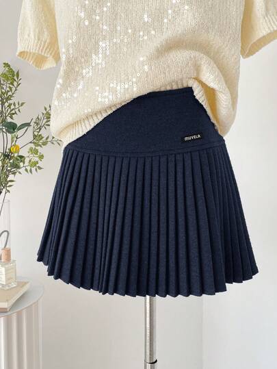 Muvela 女士蓝色百褶超短低腰裙，加厚面料，内置短裤内衬，复古学院风，充满复古韵味，适合圣诞节、日常穿着、姐妹聚会，优雅迷人，是秋冬季的百搭单品。