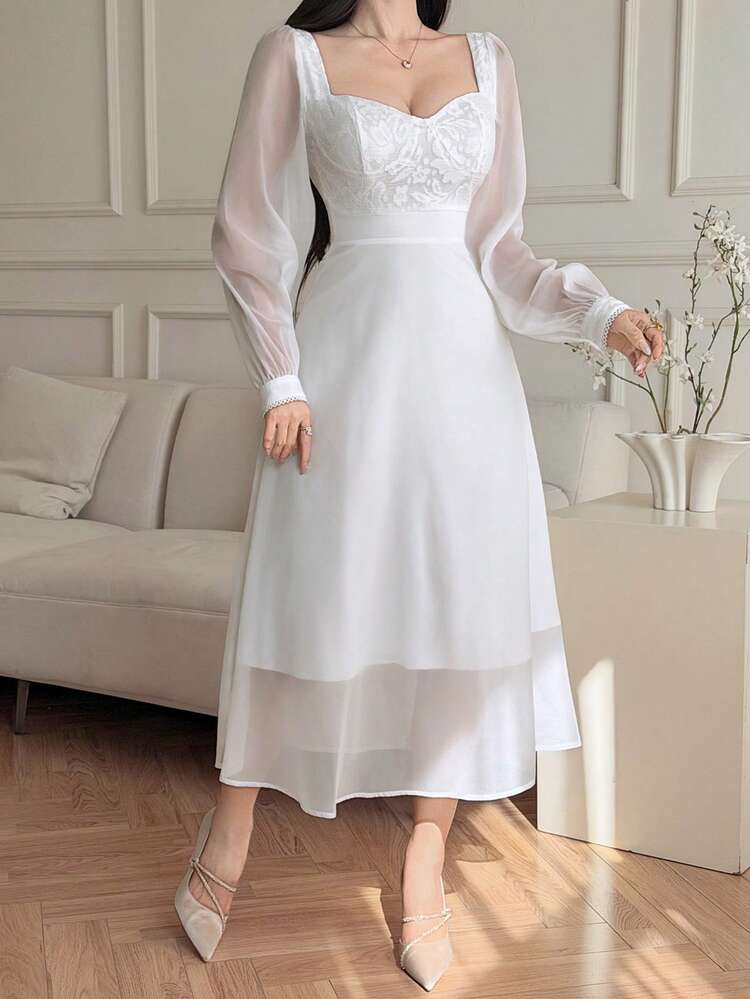Women's Lace Patchwork Waist Maxi Elegant Dress Sundress