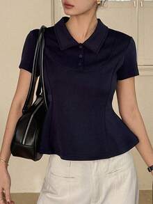 DAZY Áo thun ngắn tay cổ bẻ, thắt eo, dáng croptop dành cho nữ - Màu xanh hải quân - Xem 5