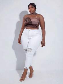CurvyTilda 大碼高腰破洞毛邊緊身九分牛仔褲 - 白色 - 查看 1