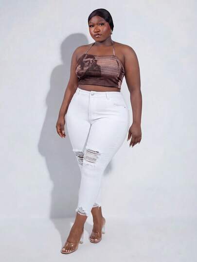 CurvyTilda Plus High Waist Ripped Raw Hem Skinny Cropped Jeans
