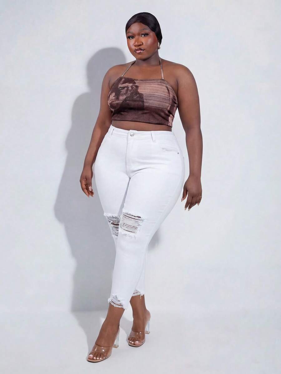 CurvyTilda 大碼高腰破洞毛邊緊身九分牛仔褲 - 白色 - 查看 1