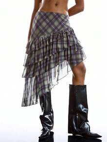 LYSMO Women's Casual Fashion Street Collegiate Style Patterned Print Low Waist Asymmetrical Ruffled Hem Mini Skirt - Purple - View 3