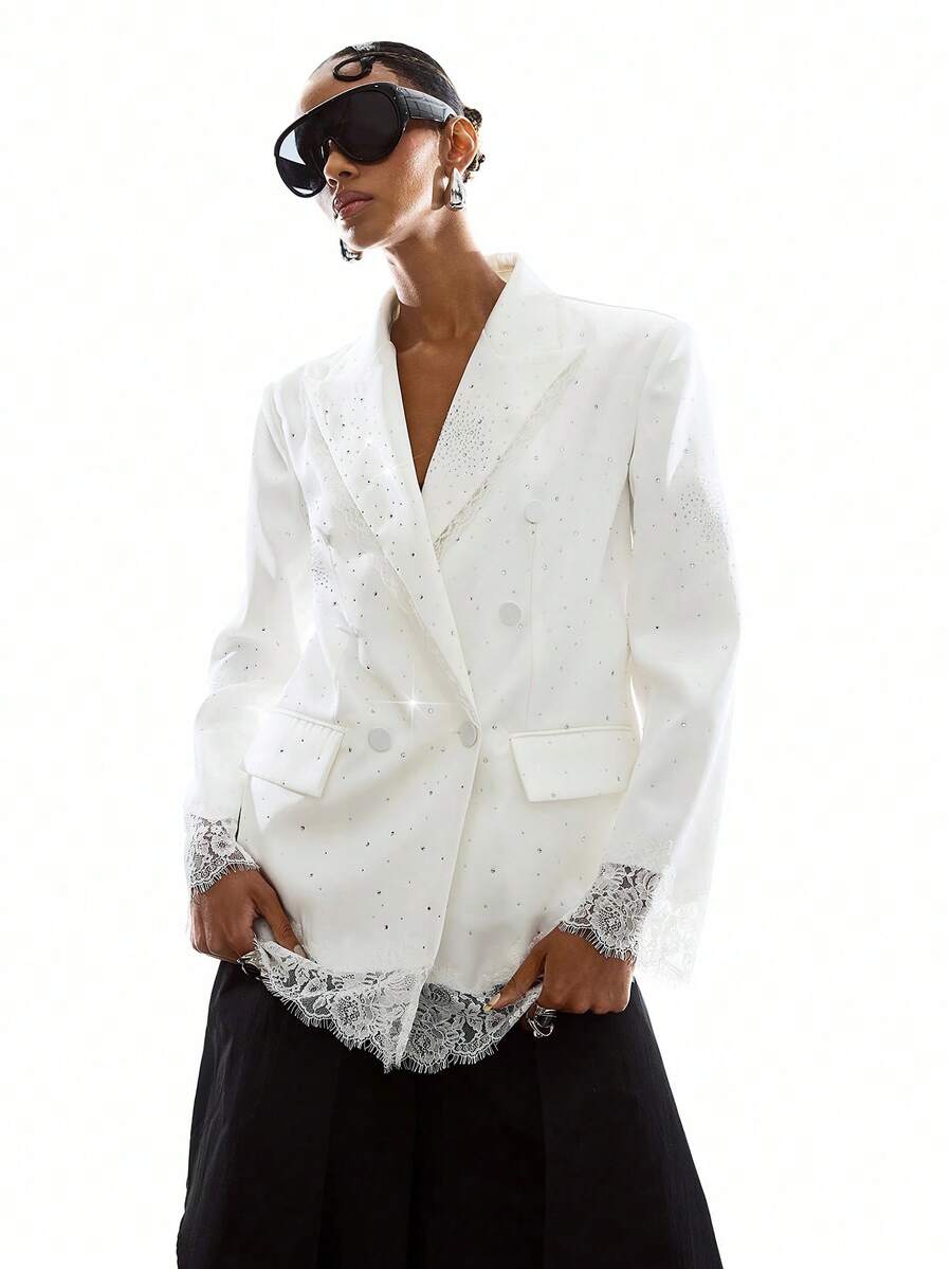 LYSMO 女士纯色蕾丝拼接双排扣优雅长袖西装外套 - 白色 - 查看 1