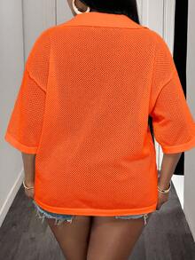 Slaydiva 宽松纯色V领落肩镂空针织休闲上衣，适合大码女性，春夏款 - 橘色 - 查看 2