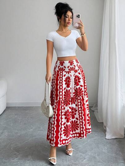 Selianne Women's Elegant Vintage Red Printed High Waist A-Line Patchwork Skirt, Spring/Summer