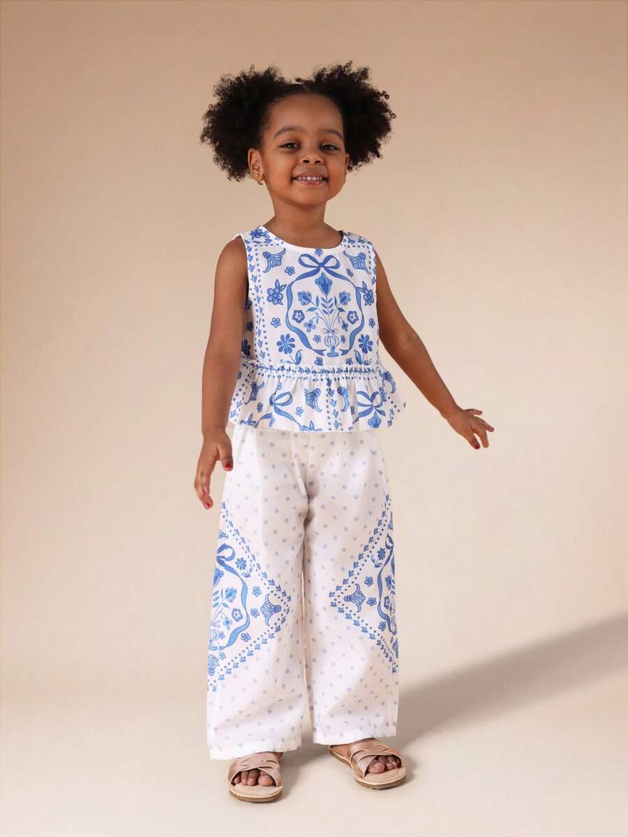 SUMWON Girls Peplum Tank Top Wide Leg Palazzo Pants Co-Ord Set Folk Print Summer Outfit Festive Occasionwear - Blue and White - View 1