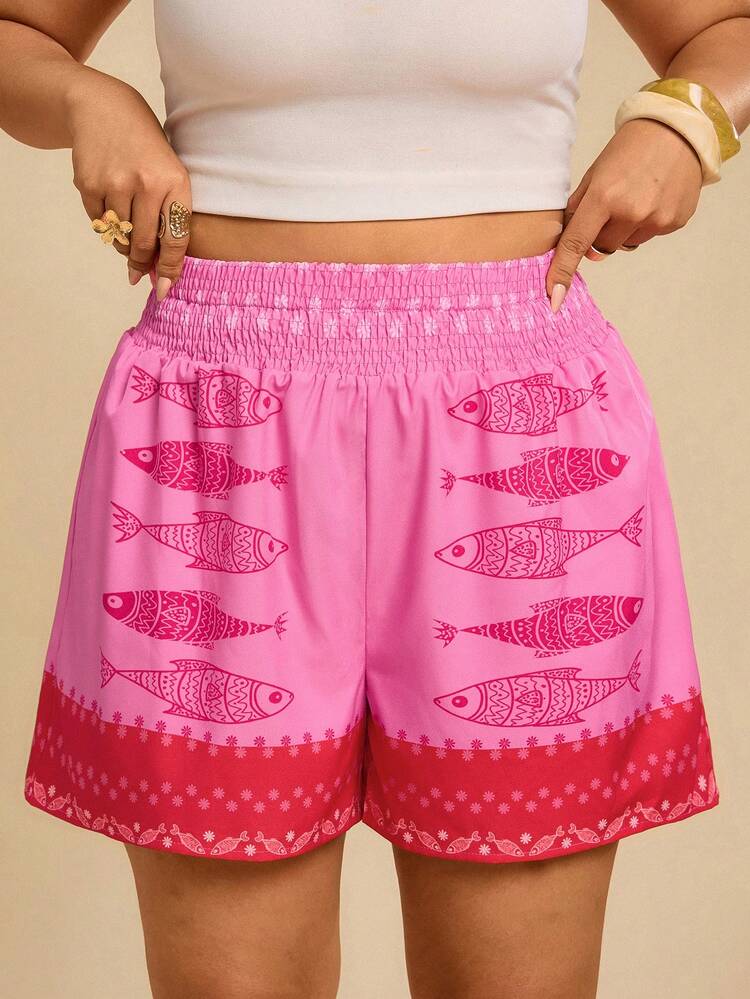 Travachic Pantalones cortos de verano con estampado de peces de talla grande, de cintura elástica, para vacaciones y estilo casual, con diseño de contraste de color, para uso en primavera y verano, atuendos de vacaciones y playa para mujeres, pantalones cortos de mujer con estampado de sardinas y peces, pantalones cortos de mujer lindos para festivales y playa, en color rosa con estampado de peces - Rosa Fucsia - Añade 4