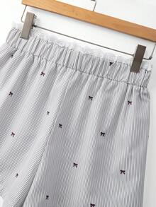 GlowEve Women's Lazy Casual Striped Lace Shorts With Bow Tie Waist Straight Wide Leg - Khaki - View 4