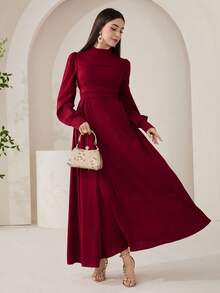 Veilorie 女士纯色立领灯笼袖优雅阿拉伯连衣裙 - 酒紅色 - 查看 6