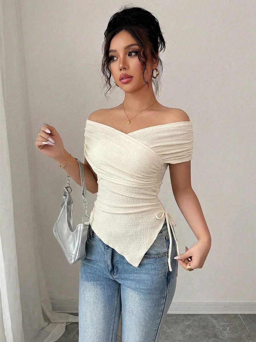 Rafferiza Women's Casual Commuter Fitted Off-Shoulder Short Sleeve T-Shirt, Summer - Apricot - View 1