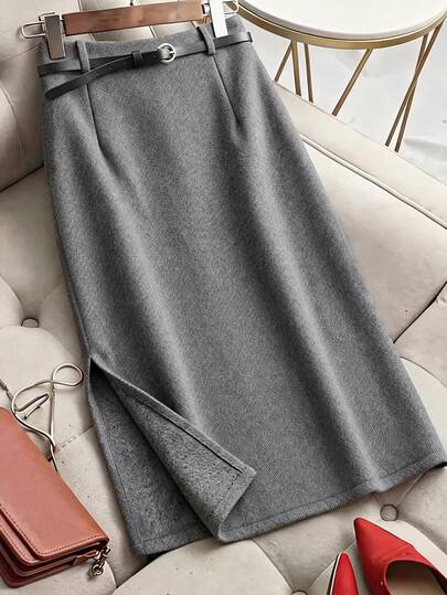 Franclia Plus Size Women Elegant Herringbone Split Hem Skirt