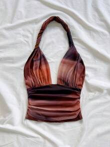 Soleia Áo nữ kiểu dáng cổ yếm, chất liệu móc len, in họa tiết nhuộm tie-dye cổ điển, thích hợp cho kỳ nghỉ xuân/hè. - Cà phê nâu - Xem 6