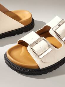 Solecia 女士时尚百搭搭扣设计厚底坡跟凉鞋，适合日常穿着 - 米色 - 查看 5