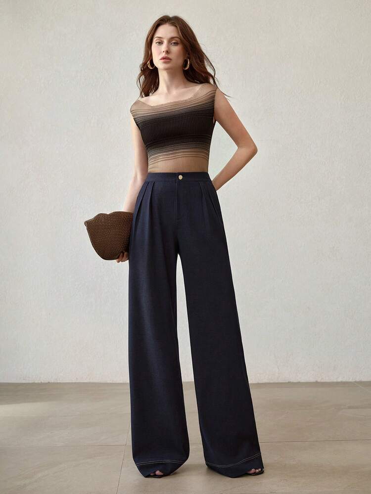SOLID HIGH WAIST FOLD PLEATED WIDE LEG PANTS