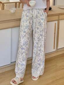 Dazy Plus Quần pajama dài nữ cỡ lớn họa tiết hoa nhí, cạp chun, thích hợp cho mùa xuân/hè. - Màu xanh lam - Xem 4