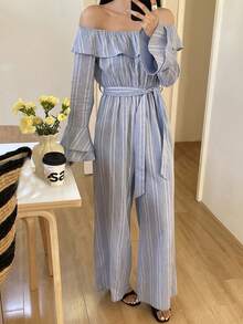DAZY 女士度假风拼接荷叶边条纹单肩喇叭袖阔腿连体裤 - 藍色 - 查看 6