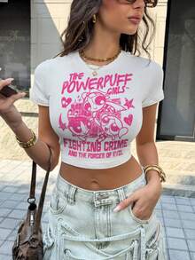 THE POWERPUFF GIRLS X SHEIN Women's Casual Fashionable Street Daily Commute Funny Slogan Graphic Fitted Cropped T-Shirt, Summer - White - View 1