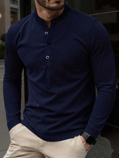 Manfinity Homme Men's Solid Color Long Sleeve Casual Polo Shirt, Versatile For Spring And Autumn