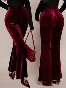 SHEIN PETITE Quần ống loe nữ cạp cao ôm dáng, thanh lịch, thời trang thường ngày, màu đỏ rượu vang, thích hợp cho mùa xuân hè, sân bay, trường học, công sở, mùa thu ấm áp, Giáng sinh, Năm mới, Lễ tình nhân. - Màu Đỏ Sâu - Xem 12