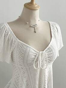 Elamini French Style White Knit Jacquard Drawstring V-Neck Short Sleeve Slim Fit Casual Versatile Women Top - White - View 4