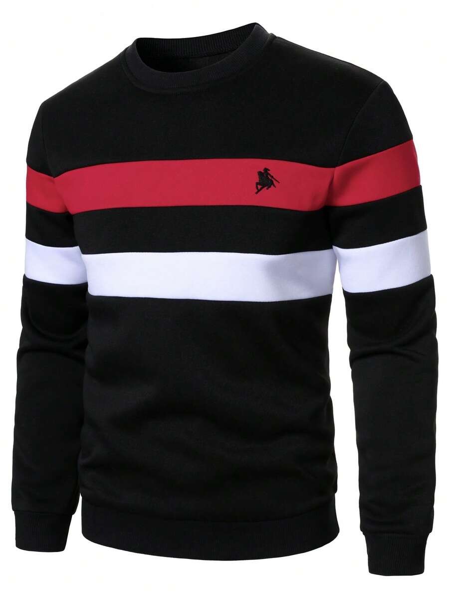 Manfinity Homme Men's Striped Pattern Embroidered Crew Neck Long Sleeve Pullover Sweatshirt, Fashionable Casual - Multicolor - View 1