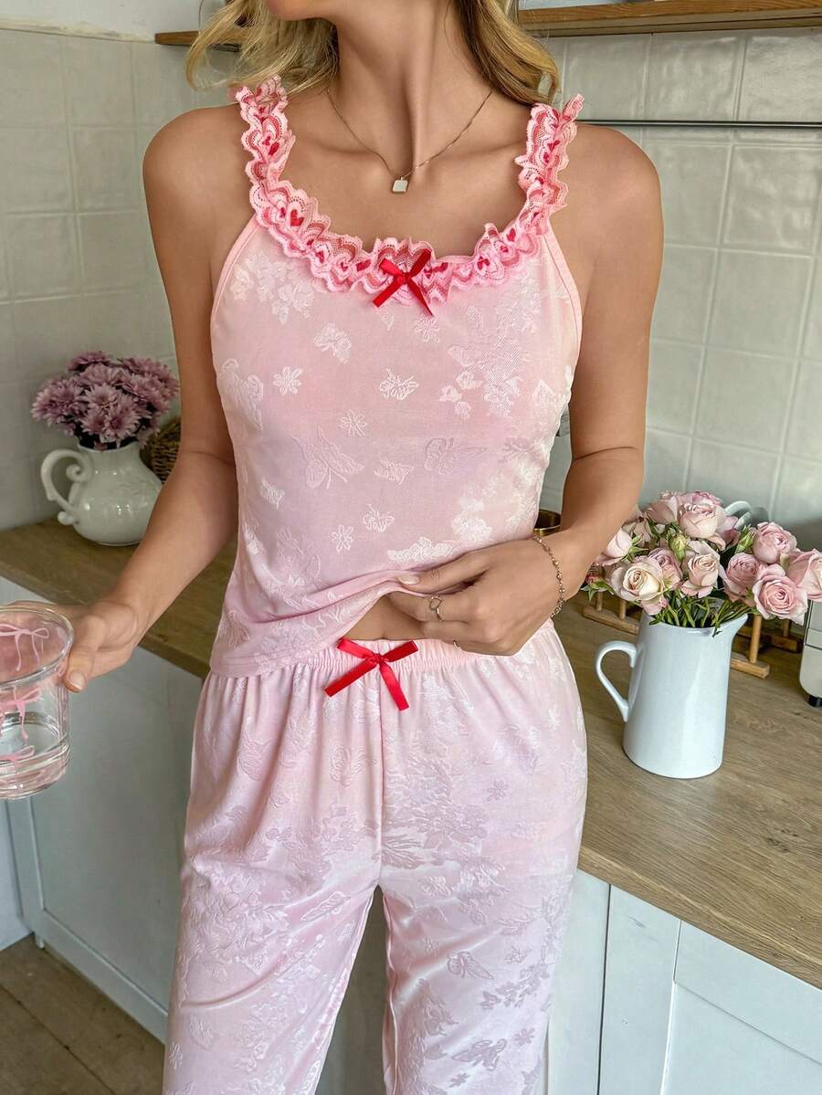 SHEIN Conjunto de pijama de top de tirantes y pantalón largo con encaje y tejido jacquard rosa de moda para mujer - Rosa - Ver 1