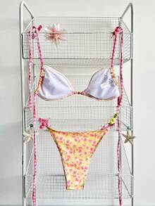 Swim Mod 女士碎花可调节露背吊带三角比基尼上衣和高衩比基尼泳裤套装，时尚、可爱、性感，适合海滩、游艇、派对等场合。 - 彩色 - 查看 2