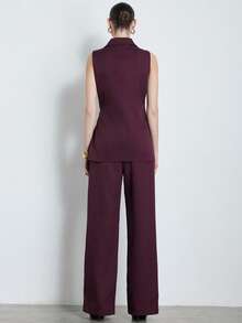 Aveloria Modichic 新款时尚优雅女士西装领系带不对称搭扣宽松西装外套及直筒裤套装 - 中紫紅色 - 查看 2