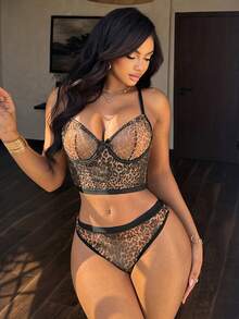2pcs Women Leopard Print Milk Silk Elastic Comfortable Wireless Bra & Panty Set, Thin Cup Gather Sexy Lingerie Set - Multicolor - View 5