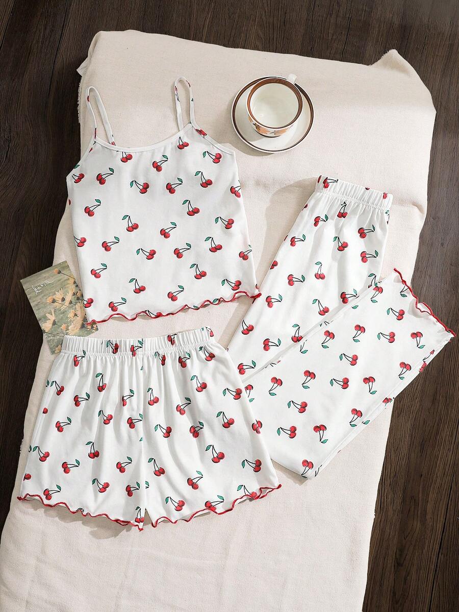 SHEIN 3pcs Tween Girls' Casual Homewear Set, Includes Cherry Print Contrast Trim Camisole, Shorts And Pants, Spring/Summer - Red and White - View 1