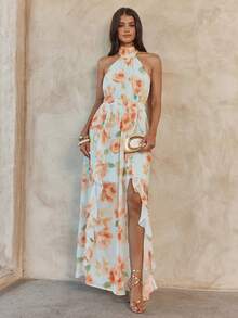 Enchnt Đầm nữ thanh lịch cổ yếm, vạt bèo nhún, dáng bất đối xứng, thích hợp cho mùa hè. - trái cam - Xem 6