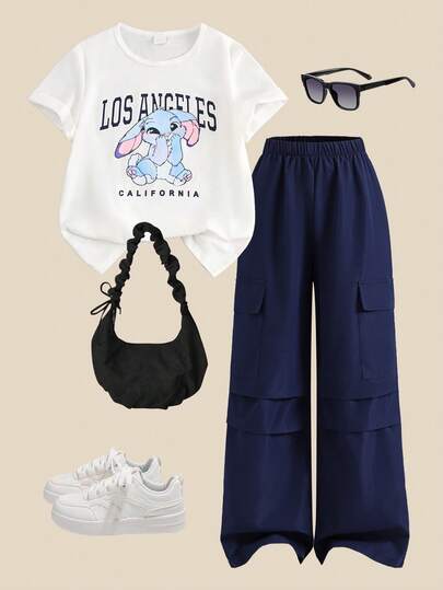 SHEIN Explorewe 2pcs Girls Cartoon Stitch Letter Print Knit Top And Casual Loose Wide Leg Pants/Trousers Set, Suitable For Spring/Summer