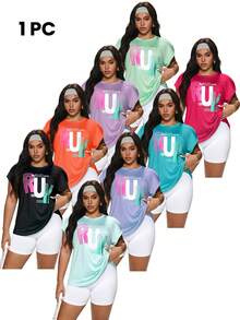 SHEIN Rhythm Era Camiseta deportiva de compresión con gráfico de letras para mujer de talla grande - Negro - Ver 3