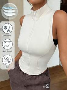 SHEIN EZwear 女士杏色拉链针织吊带背心，简约设计，适合夏季穿着 - 杏色 - 查看 1