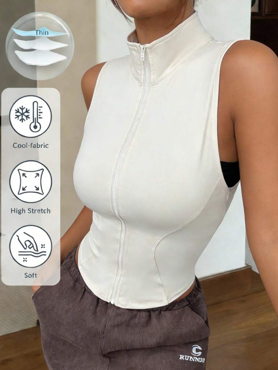 SHEIN EZwear 女士杏色拉链针织吊带背心，简约设计，适合夏季穿着 - 杏色 - 查看 1