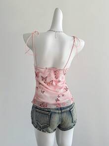 SHEIN Unity Áo hai dây kiểu Bohemian màu xanh lá cây dành cho nữ, chất liệu lưới, in hoa, viền ren, phối nhiều mảng màu, thích hợp cho kỳ nghỉ hè. - màu xanh lá - Xem 3