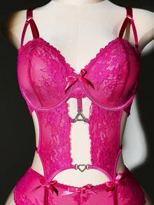 SHEIN 4件套加大码蕾丝拼接内衣套装 - 玫紅色 - 查看 7