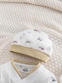 Newborn Baby Boy/Girl Casual Cute Cartoon Pattern Knit Long Sleeve Top, Pants, Bib 3pcs Set - Multicolor - View 6