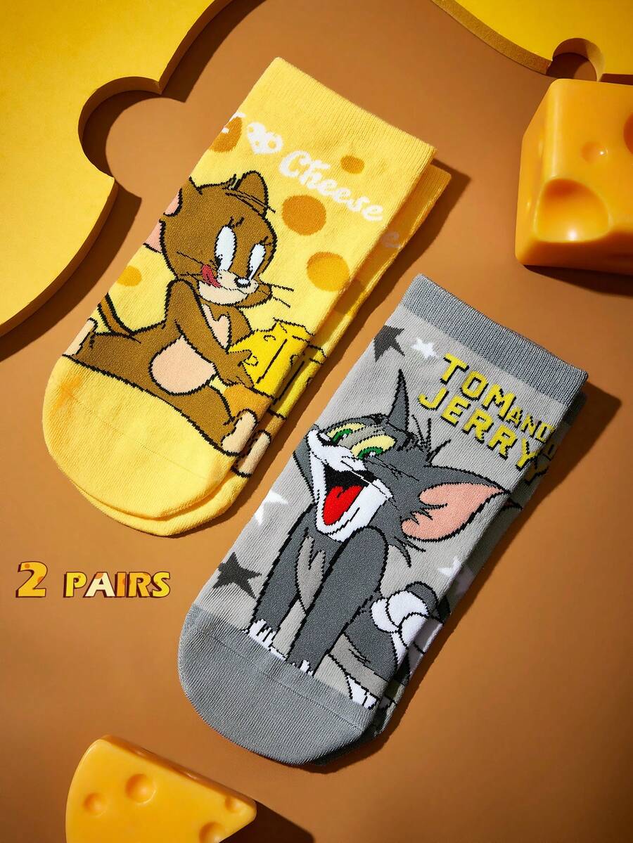 TOM & JERRY X SHEIN 2Pairs Soft & Breathable Moisture-Wicking Casual Women Ankle Socks Fashionable Cute Cartoon Grey & Yellow Short Socks Reinforced Toe & Heel For Durabiliy Unisex Men All Season All-Match Summer Winter,Graphics Socks - Multicolor - View 1